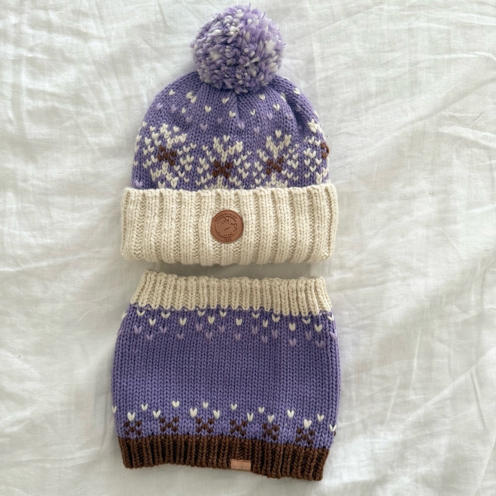 Souris Mini Purple and Cream Knit Kids Hat and Neck Warmer Set M-L (53-55cm)